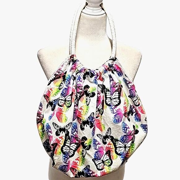 Womens White w/ Black and Multi Color Butterflies Tote Sac Shopping Shoulder Bag - Picture 1 of 8